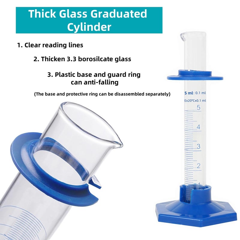 KIGITIK 2Pcs 5ml Graduated Cylinder, Thick Glass Measuring Cylinder, with Anti-Falling Plastic Base and Bumper Guards, for Science Laboratory Measuring Liquid, Bring 2 droppers - Image 3
